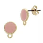 Clous d'oreilles rond en résine époxy  11.5x9 mm Doré à l'or fin - Rose corail x2