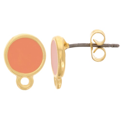 Clous d'oreilles rond en résine époxy  11.5x9 mm Doré à l'or fin - Saumon x2
