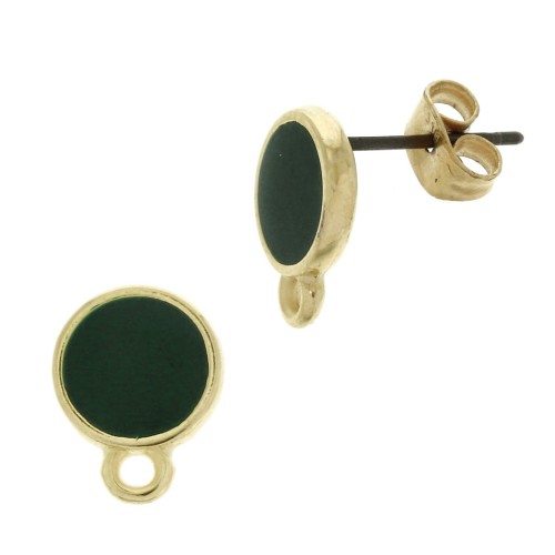 Clous d'oreilles rond en résine époxy  11.5x9 mm Doré à l'or fin - Vert sapin x2