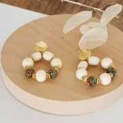 Perle ronde tibétaine ethnique 14 mm Rouge - Turquoise x1