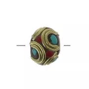 Perle rondelle tibétaine ethnique 9x11 mm Rouge - Turquoise x1