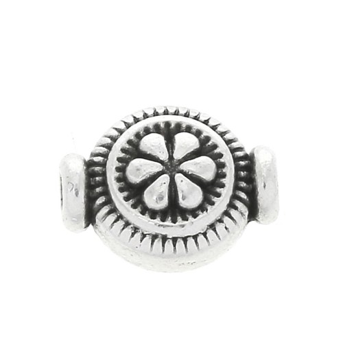 Perle ronde travaillée motif fleur en zamac 10x8 mm - Placage Argent fin vieilli x1