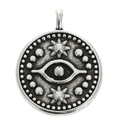 Pendentif rond motif oeil mystique 18.5x15 mm - Placage Argent fin vieilli x1