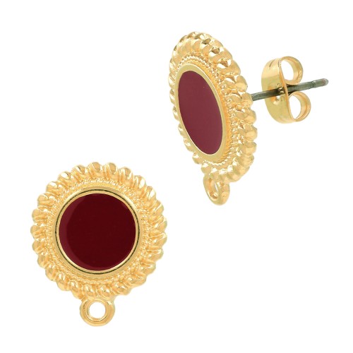 Clous d'oreilles rond ethnique et résine époxy 18x15 mm Doré à l'or fin - Rouge x2