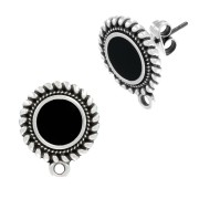 Clous d'oreilles rond ethnique et résine époxy 18x15 mm Placage Argent fin vieilli - Noir x2