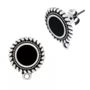 Clous d'oreilles rond ethnique et résine époxy 18x15 mm Placage Argent fin vieilli - Noir x2