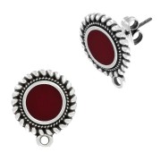 Clous d'oreilles rond ethnique et résine époxy 18x15 mm Placage Argent fin vieilli - Rouge x2|raw }}