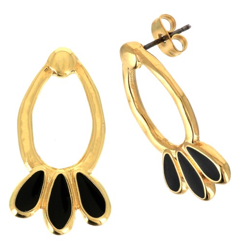 Boucles d'oreilles gouttes avec résine époxy 26x14mm - Doré à l'or fin - Noir x2