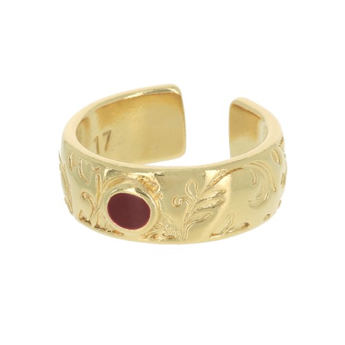 Bague réglable - gravure feuille et résine époxy - Doré à l'or fin - Rouge x1