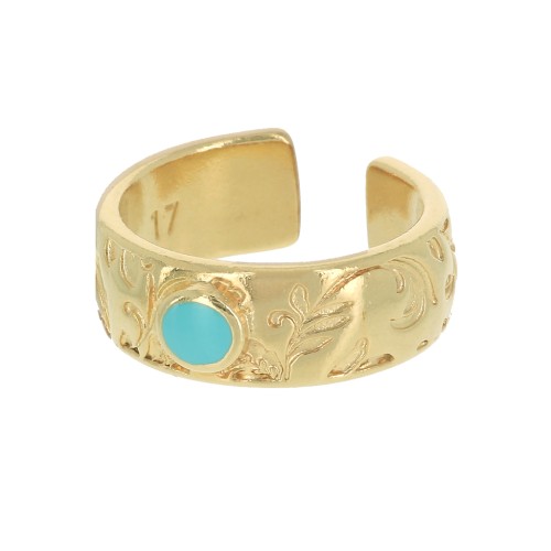 Bague réglable - gravure feuille et résine époxy - Doré à l'or fin - Turquoise x1