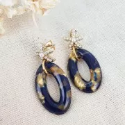 Pendentif ovale 29x18 mm en acétate - Marbré Turquoise - Noir x1