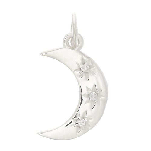 Pendentif lune motif étoile du nord et oxydes de Zirconium 17x10.5mm - Argent 925 - Crystal x1