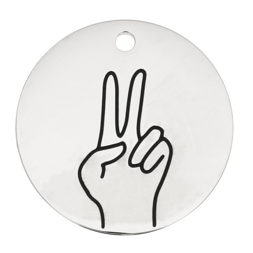Pendentif rond motif Peace and Love 25 mm - Acier inoxydable 316L x1