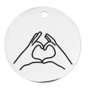 Pendentif rond motif coeur avec les mains 25 mm - Acier inoxydable 316L x1