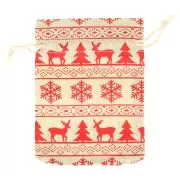 Pochon en coton motif Noël pour bijoux 95x135 mm - Beige - Rouge x1