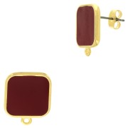 Clous d'oreilles carré en résine époxy 17x15 mm - Doré à l'or fin - Rouge x2