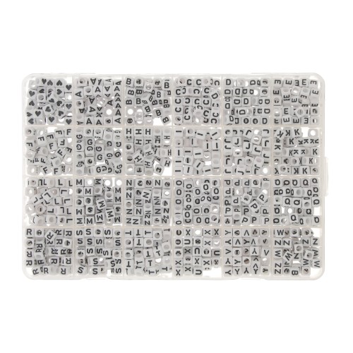 Coffret de 1200 perles lettres alphabet et coeurs forme cube 6 mm - Blanc - Noir