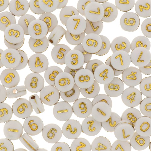 Assortiment de 100 perles plates chiffres 7 mm - Blanc - Doré