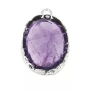 Serti pendentif ovale -décor floral pour cabochon 18x13 mm Placage Argent fin x1