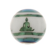 Perles en verre rondes 10 mm - motif Bouddha - Blanc - Vert bleu métallisé x4