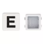 Perle lettre alphabet forme carrée 8 mm - E - Blanc - Noir x1
