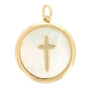 Pendentif rond nacre 19x17 mm - motif croix - Plaqué Or 3 microns x1|raw }}