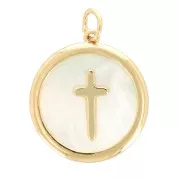 Pendentif rond nacre 19x17 mm - motif croix - Plaqué Or 3 microns x1
