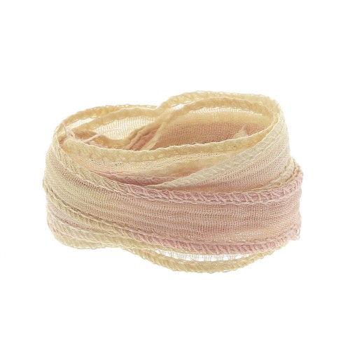 Ruban de soie 10 mm - Tie and dye - Crème - Rose pâle x85cm