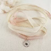 Ruban de soie 10 mm - Tie and dye - Crème - Rose pâle x85cm