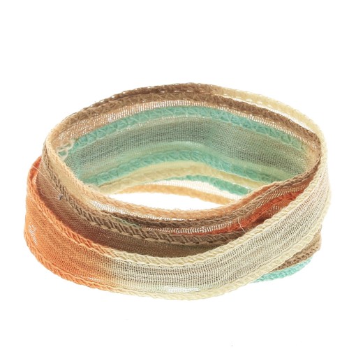 Ruban de soie 10 mm - Tie and dye - Bleu clair - Marron - Orange x85cm