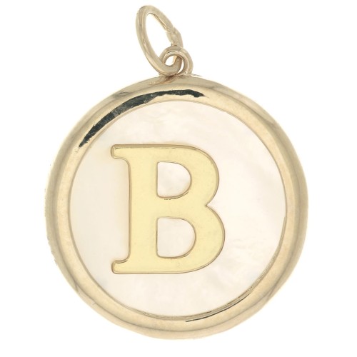 Pendentif rond nacre 19x17 mm - motif lettre alphabet - B - Plaqué Or 3 microns x1