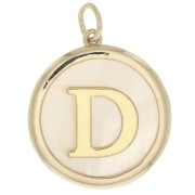 Pendentif rond nacre 19x17 mm - motif lettre alphabet - D - Plaqué Or 3 microns x1