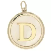 Pendentif rond nacre 19x17 mm - motif lettre alphabet - D - Plaqué Or 3 microns x1
