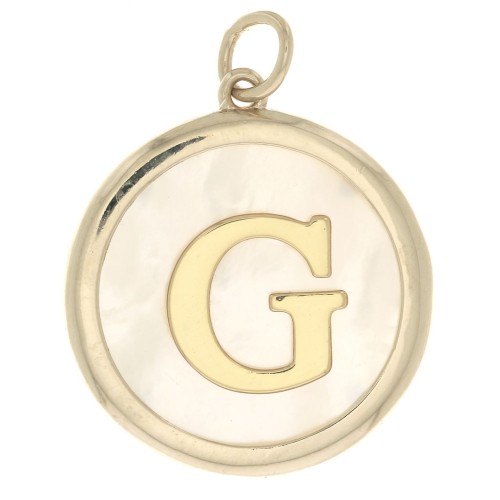 Pendentif rond nacre 19x17 mm - motif lettre alphabet - G - Plaqué Or 3 microns x1