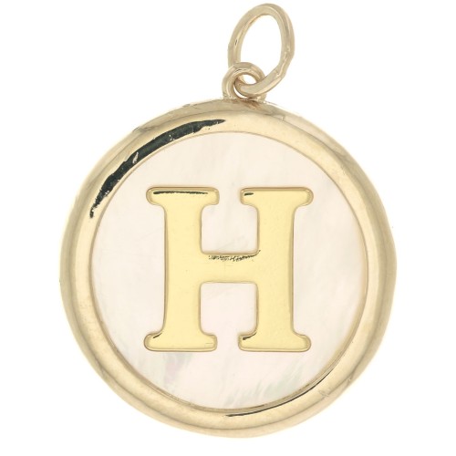 Pendentif rond nacre 19x17 mm - motif lettre alphabet - H - Plaqué Or 3 microns x1