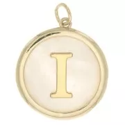 Pendentif rond nacre 19x17 mm - motif lettre alphabet - I - Plaqué Or 3 microns x1