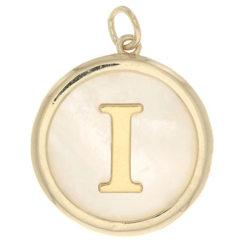 Pendentif rond nacre 19x17 mm - motif lettre alphabet - I - Plaqué Or 3 microns x1