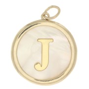 Pendentif rond nacre 19x17 mm - motif lettre alphabet - J - Plaqué Or 3 microns x1