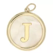 Pendentif rond nacre 19x17 mm - motif lettre alphabet - J - Plaqué Or 3 microns x1