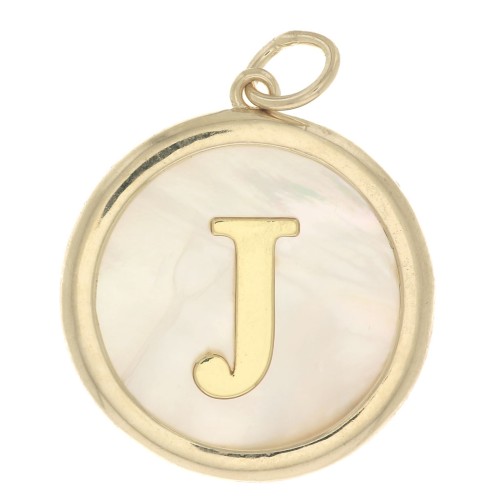 Pendentif rond nacre 19x17 mm - motif lettre alphabet - J - Plaqué Or 3 microns x1