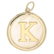 Pendentif rond nacre 19x17 mm - motif lettre alphabet - K - Plaqué Or 3 microns x1|raw }}