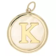 Pendentif rond nacre 19x17 mm - motif lettre alphabet - K - Plaqué Or 3 microns x1
