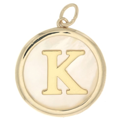 Pendentif rond nacre 19x17 mm - motif lettre alphabet - K - Plaqué Or 3 microns x1