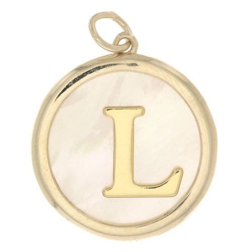 Pendentif rond nacre 19x17 mm - motif lettre alphabet - L - Plaqué Or 3 microns x1