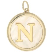 Pendentif rond nacre 19x17 mm - motif lettre alphabet - N - Plaqué Or 3 microns x1|raw }}