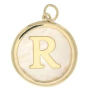 Pendentif rond nacre 19x17 mm - motif lettre alphabet - R - Plaqué Or 3 microns x1
