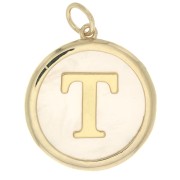 Pendentif rond nacre 19x17 mm - motif lettre alphabet - T - Plaqué Or 3 microns x1|raw }}