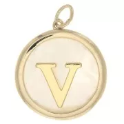 Pendentif rond nacre 19x17 mm - motif lettre alphabet - V - Plaqué Or 3 microns x1