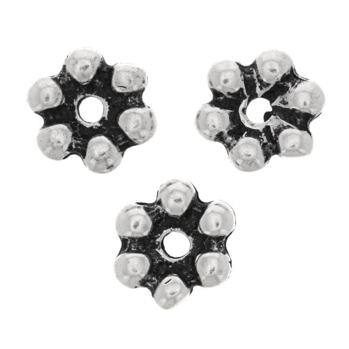 Perles rondelles fleur 6 pétales - 10 mm - Argenté vieilli x6