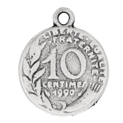 Pendentif pièce de monnaie 10 centimes 22x18 mm - Argenté vieilli x1
